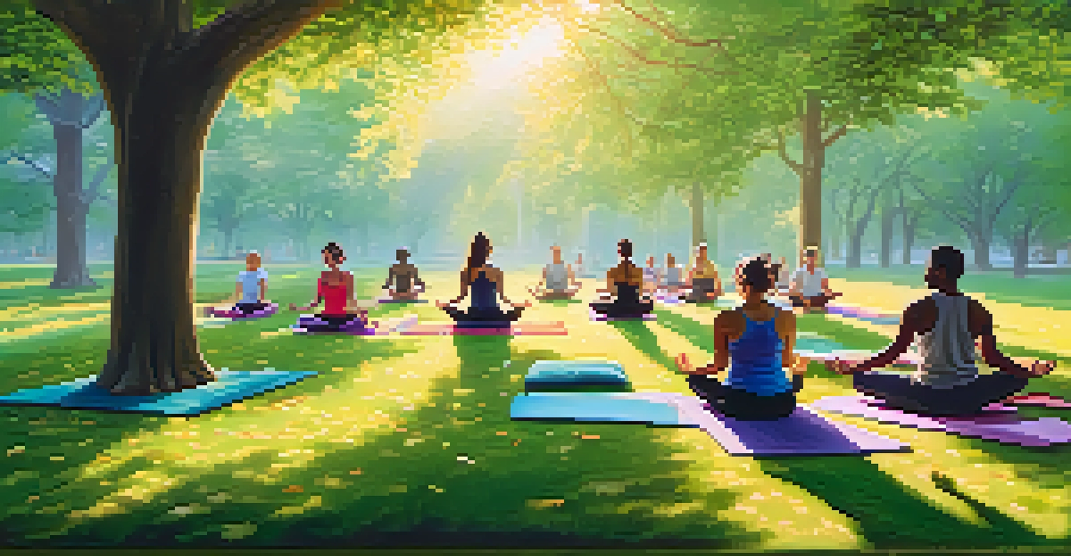 A peaceful park with people practicing yoga at sunrise, surrounded by green trees and mist.