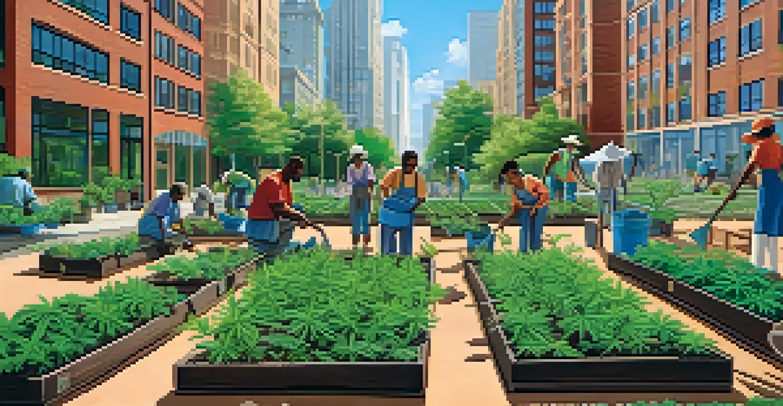 Individuals from marginalized communities gardening in an urban cannabis garden, with lush plants and a clear blue sky.