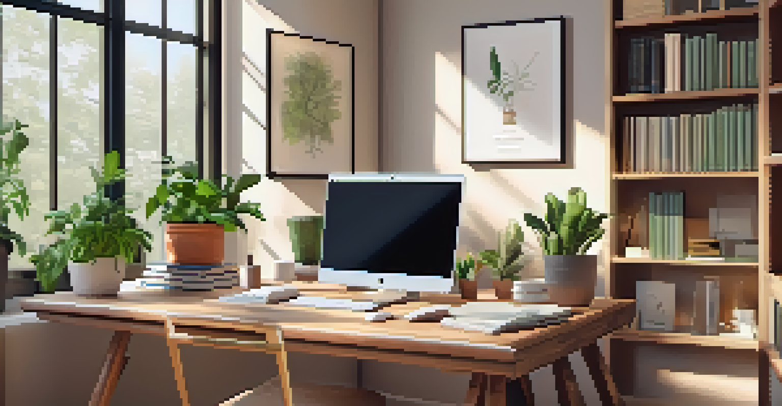 A cozy home office with a wooden desk, laptop, and bookshelves filled with medical literature and plants.