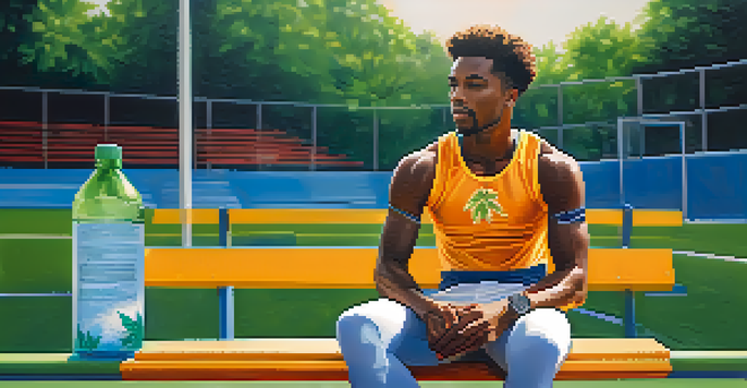 A professional athlete holding a cannabis leaf and a water bottle, looking contemplative on a bench, with a blurred sports field in the background.