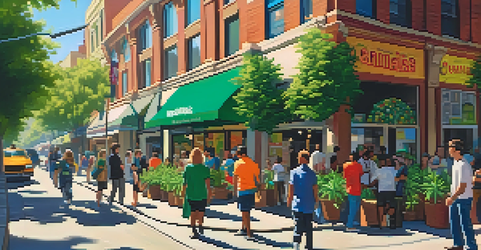 A vibrant city street with cannabis shops and diverse people enjoying the atmosphere under bright sunlight.