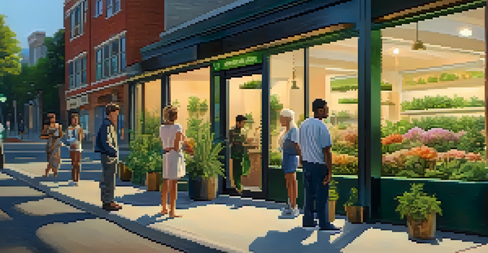 An urban scene with a modern medical marijuana dispensary and diverse individuals waiting outside during golden hour.