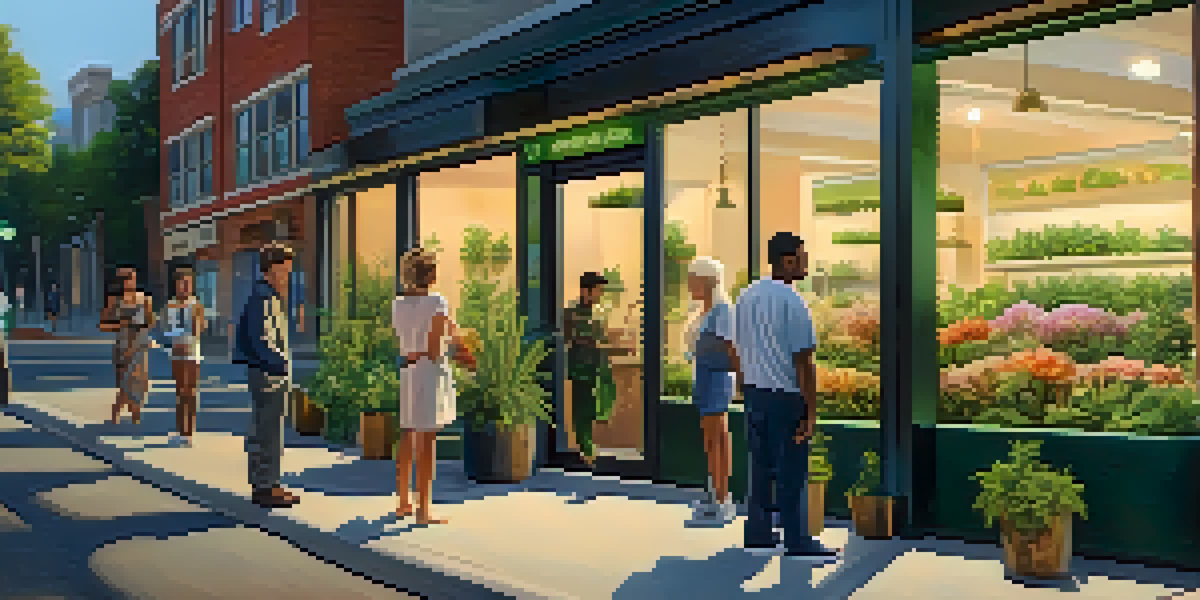 An urban scene with a modern medical marijuana dispensary and diverse individuals waiting outside during golden hour.