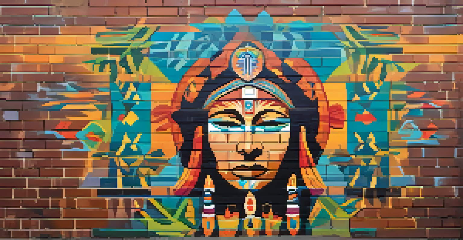 A colorful street art mural illustrating the cultural significance of cannabis in Indigenous tribes, featuring various symbols and patterns.