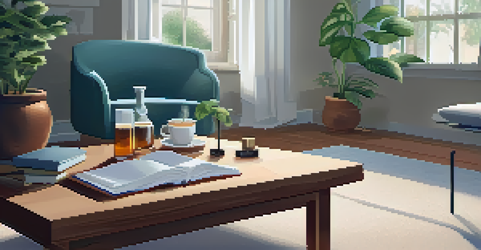 A cozy living room with an armchair and a coffee table featuring nutritional supplements, illuminated by soft evening light.