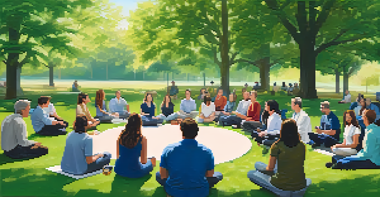 Employees participating in a wellness workshop outdoors, sitting in a circle and listening to a speaker in a peaceful setting.