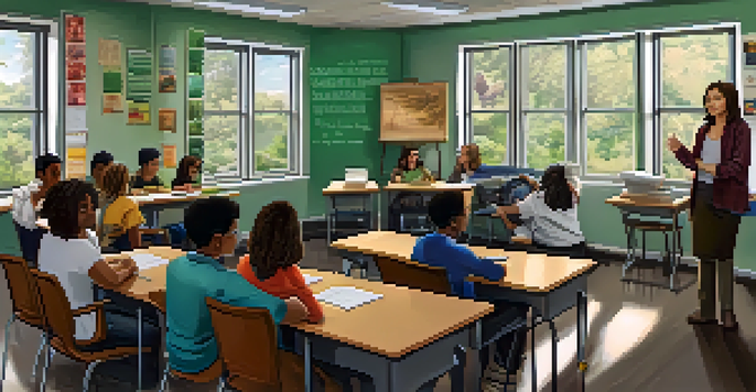 A diverse group of high school students in a bright classroom discussing marijuana education with a female teacher.