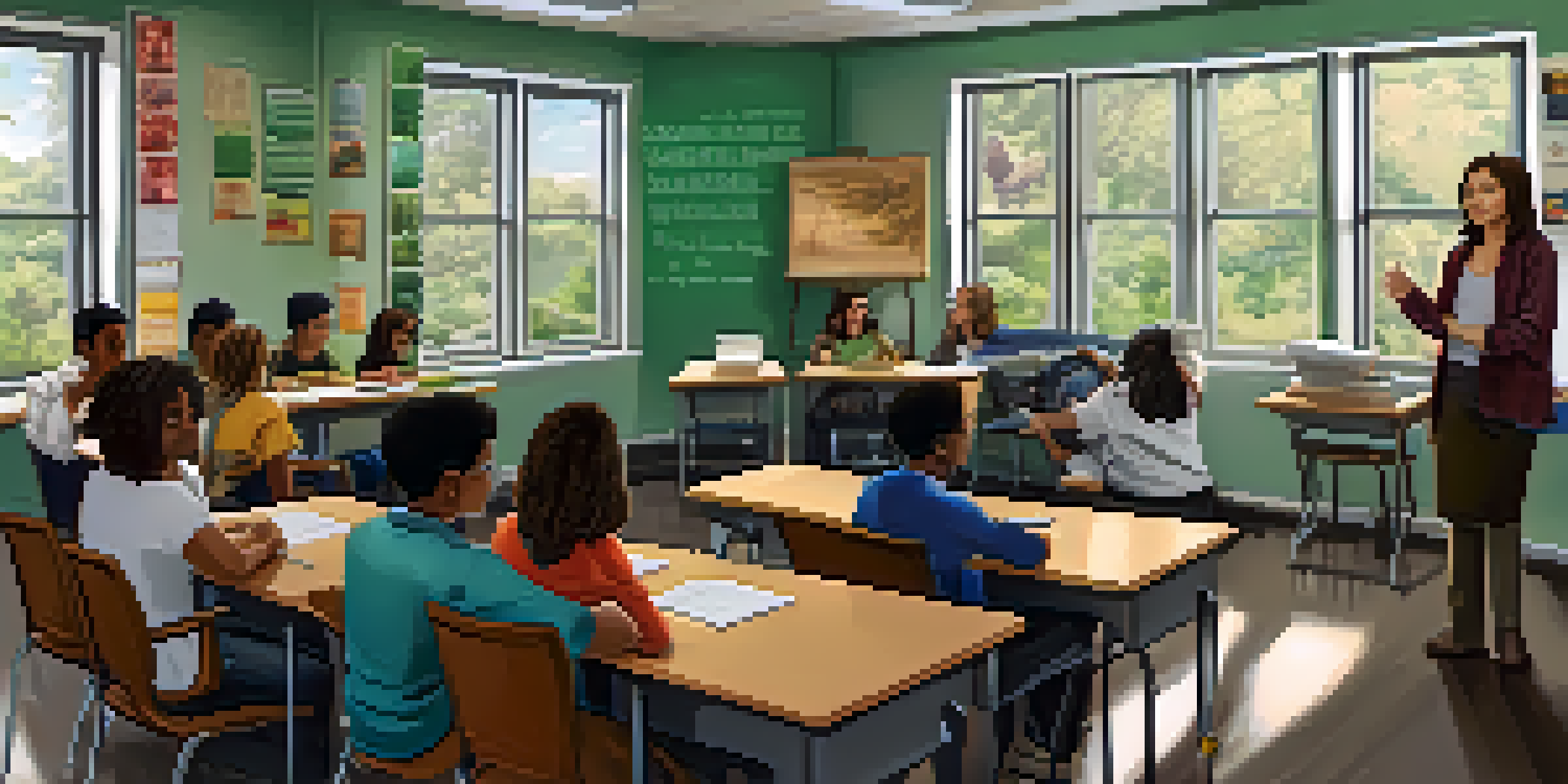 A diverse group of high school students in a bright classroom discussing marijuana education with a female teacher.