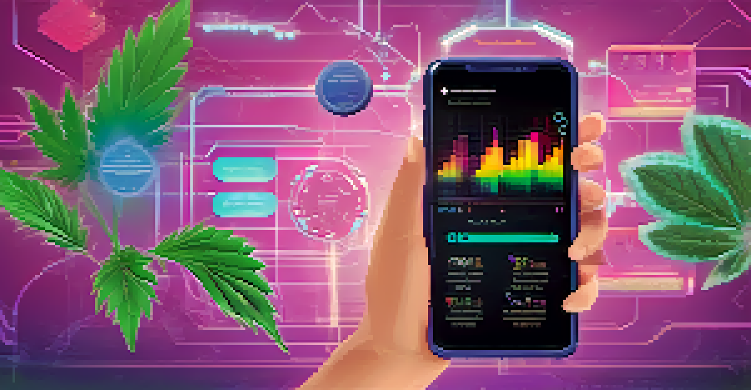 A smartphone displaying an AI-driven marijuana monitoring app with colorful graphs and tech elements.