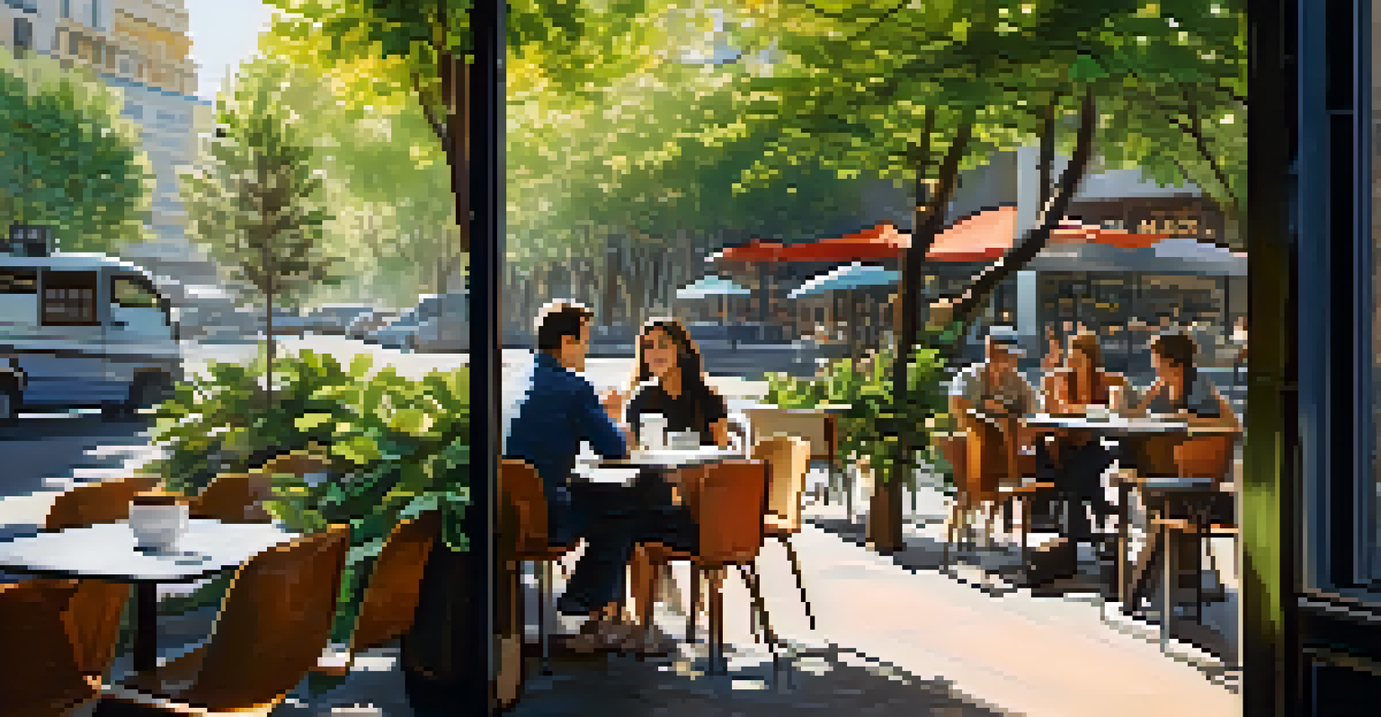 Two employees discussing workplace policies over coffee at a vibrant outdoor café with greenery.