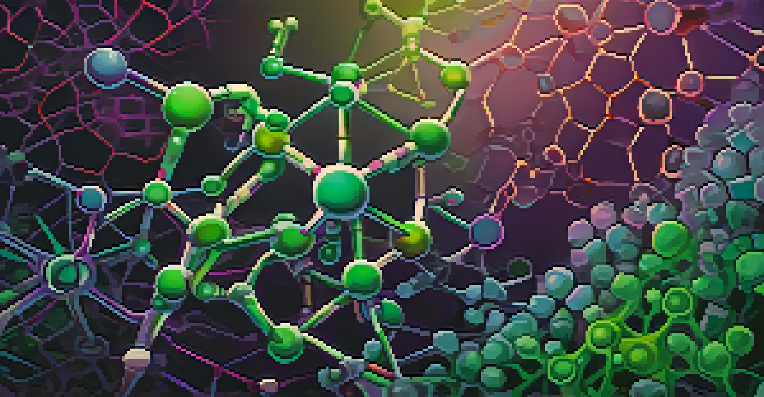 An artistic depiction of THC molecular structure with vibrant colors and abstract pain pathway illustrations.
