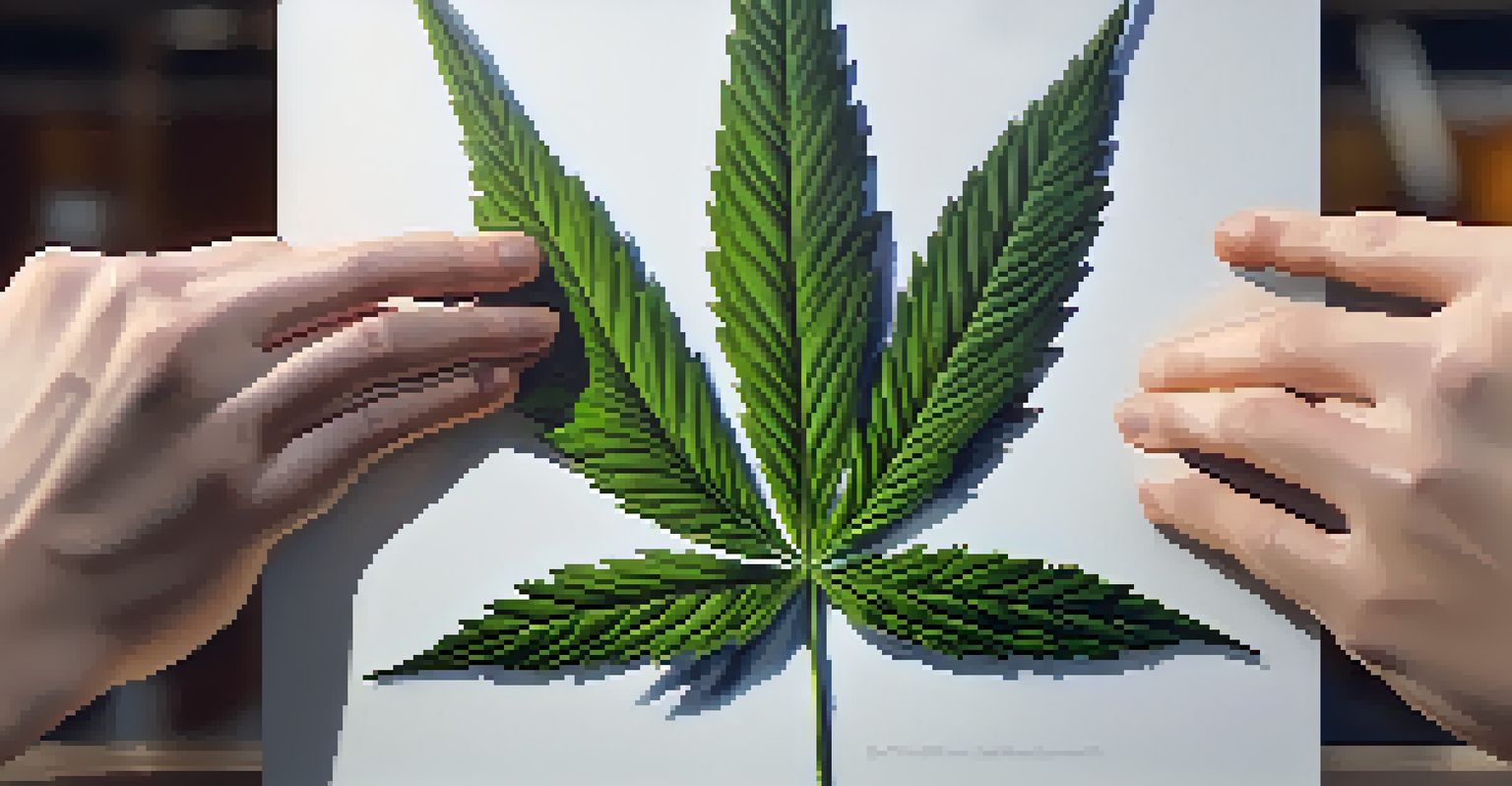 A close-up of a hand holding a cannabis leaf in a gym setting, with blurred exercise equipment in the background.