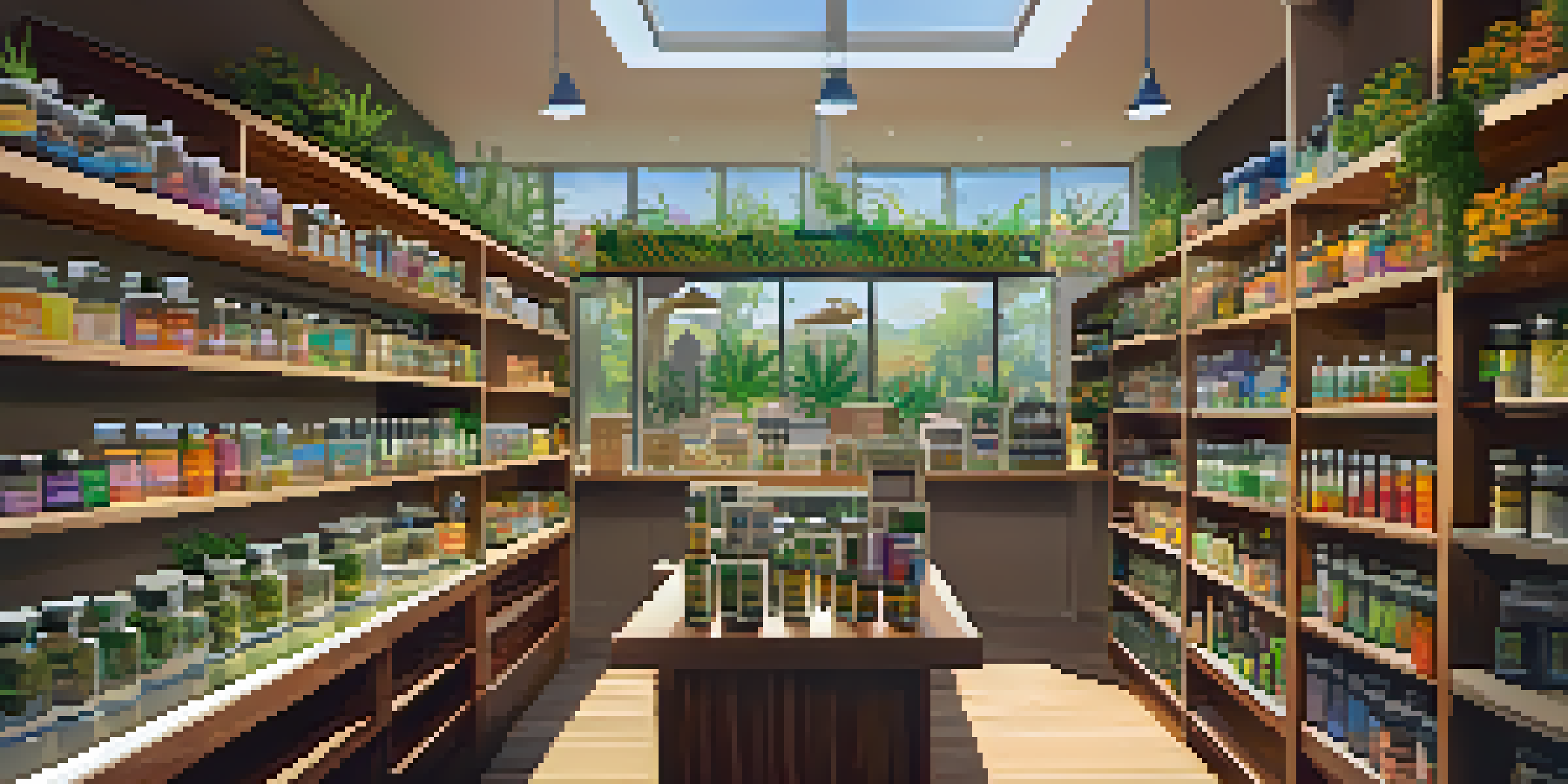 A vibrant cannabis dispensary filled with colorful products and engaged customers, showcasing a welcoming atmosphere.