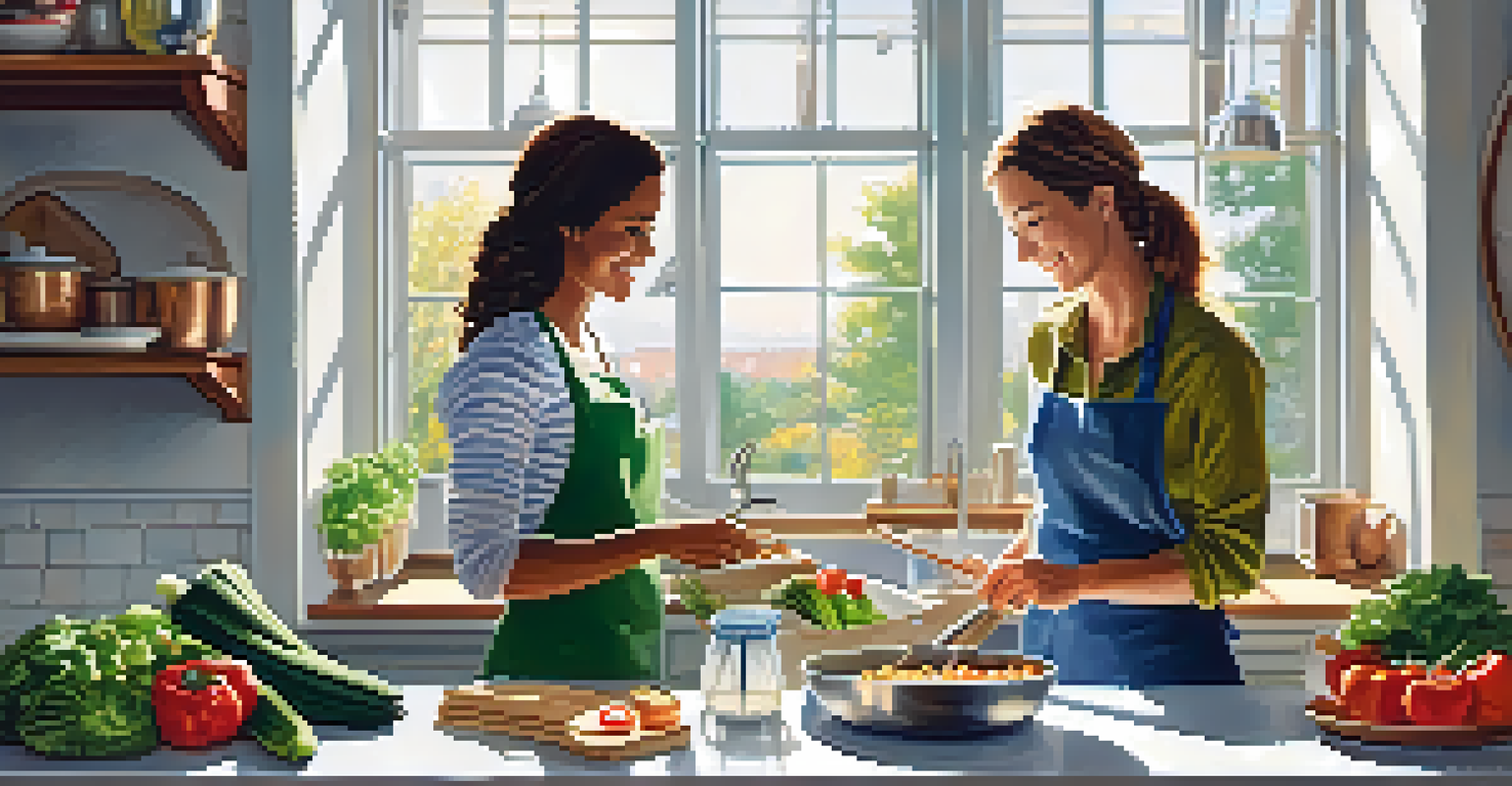 A couple cooking a healthy meal in a bright kitchen, surrounded by fresh vegetables.