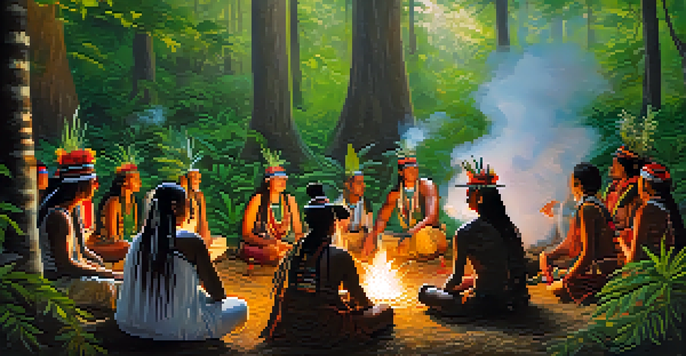 An indigenous ceremony in a lush green forest, with participants in traditional attire and smoke rising from a fire.