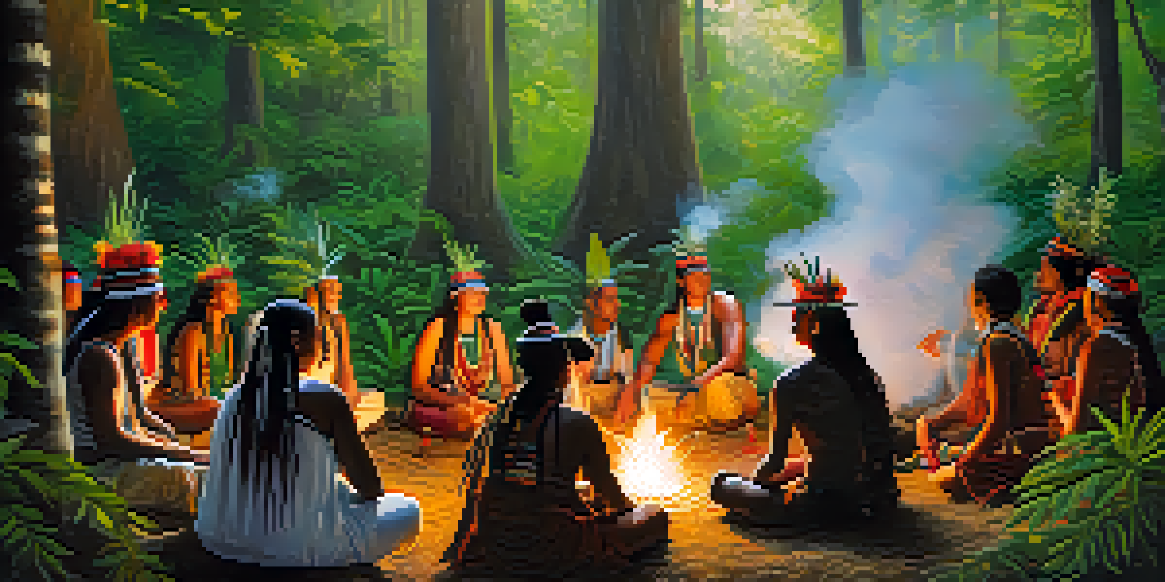 An indigenous ceremony in a lush green forest, with participants in traditional attire and smoke rising from a fire.
