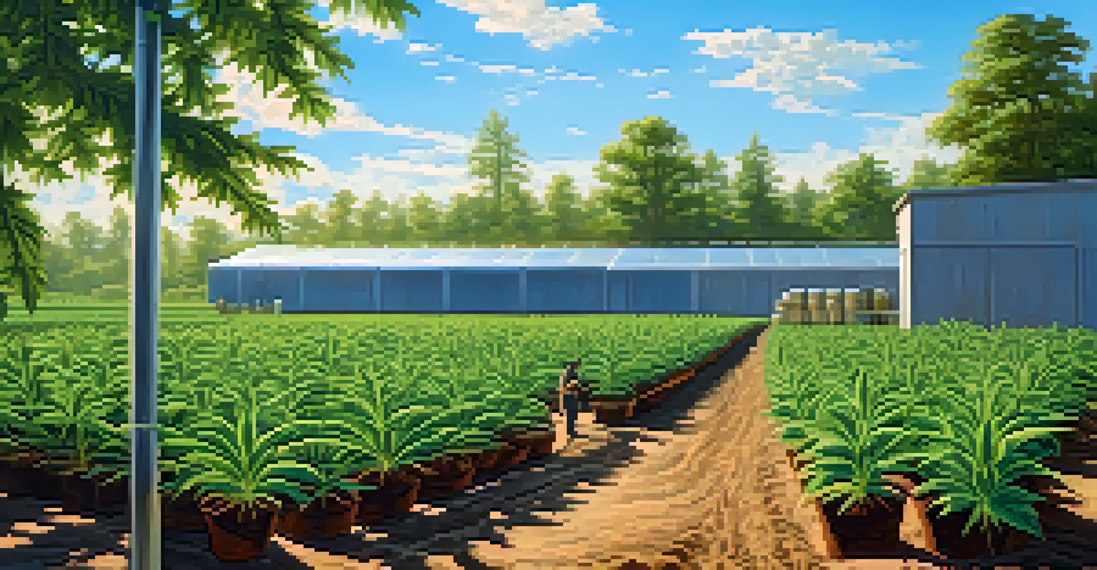 A skilled cultivator tending to lush cannabis plants in an outdoor facility under a bright blue sky.