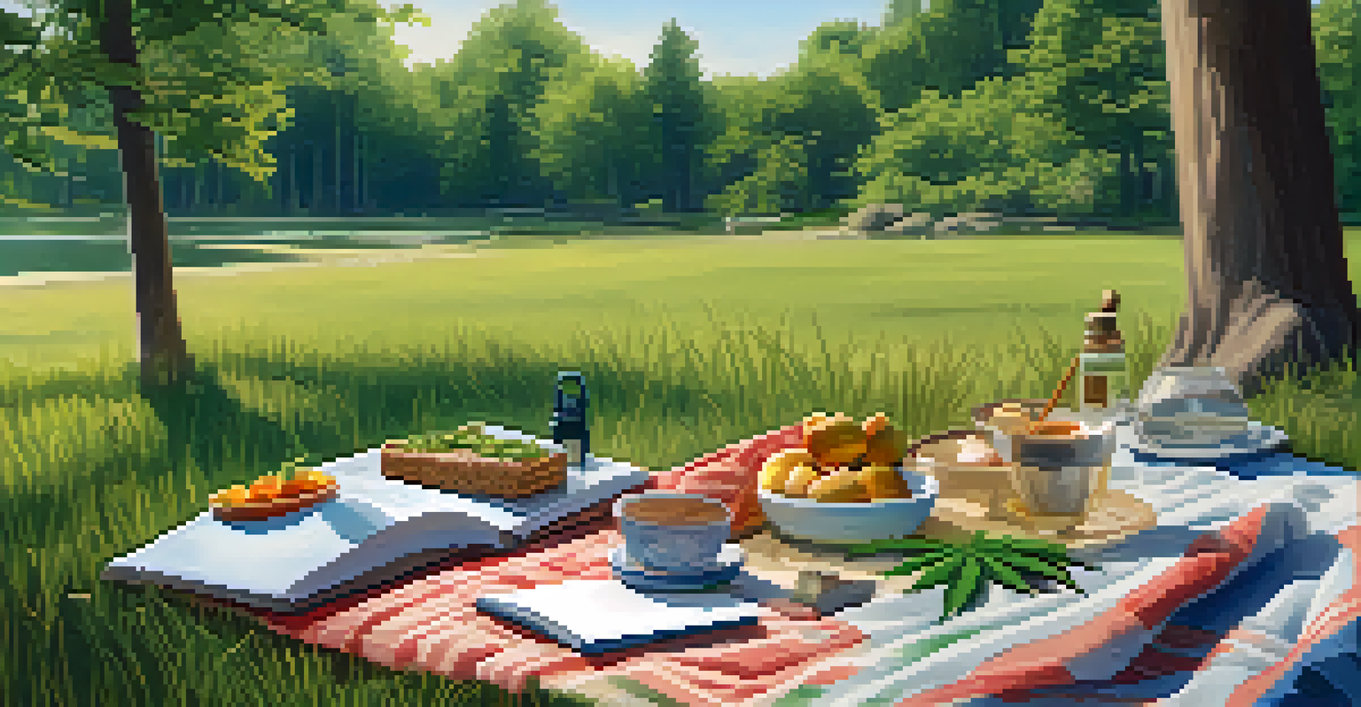 A peaceful picnic area outdoors with a blanket and a sketchbook illustrating a cannabis plant.