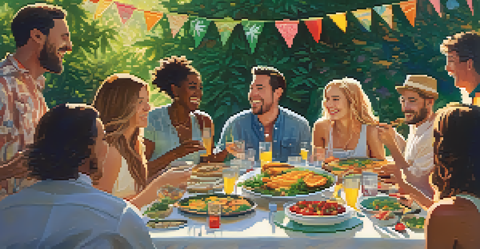 Friends enjoying a meal at a long table outdoors, surrounded by colorful dishes and a festive atmosphere.