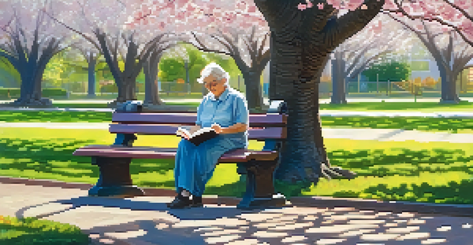 An elderly person reading a book on a bench in a park surrounded by blooming cherry blossom trees and colorful flowers.