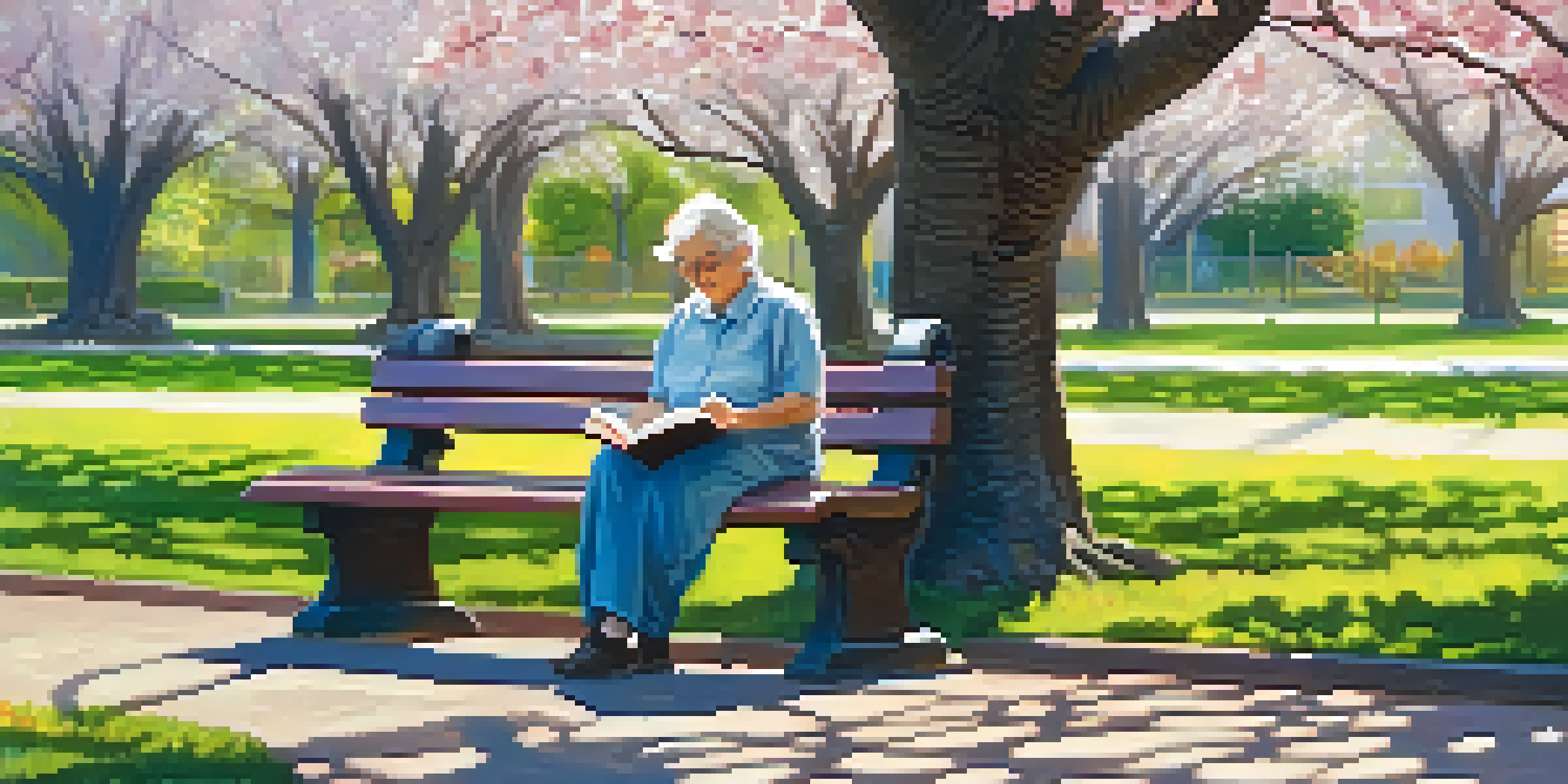 An elderly person reading a book on a bench in a park surrounded by blooming cherry blossom trees and colorful flowers.