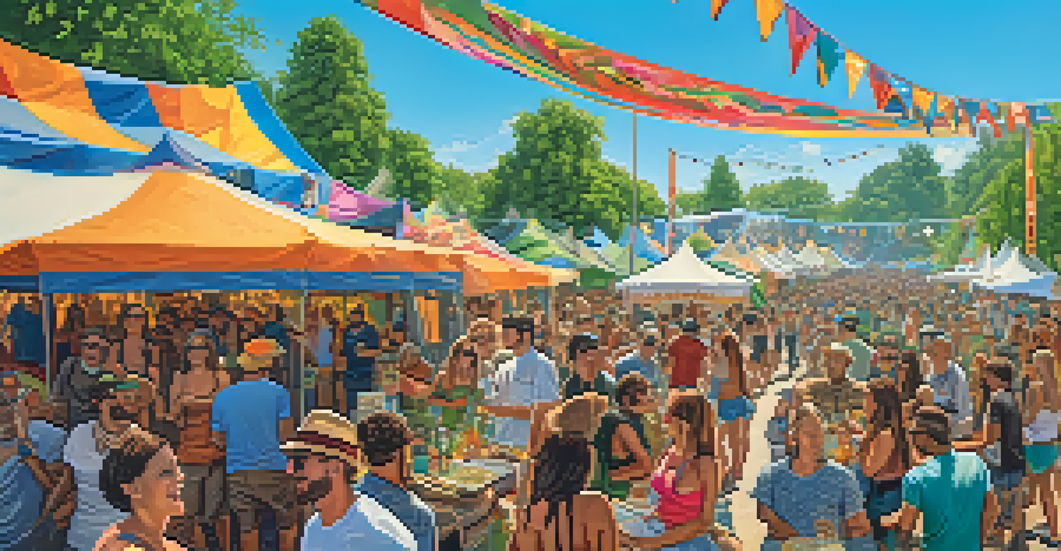 A lively outdoor cannabis festival with people enjoying music and interacting with vendors under a blue sky.