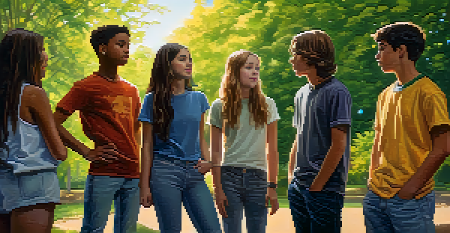 Teenagers in a park discussing peer pressure and marijuana, showing confidence and support for each other.
