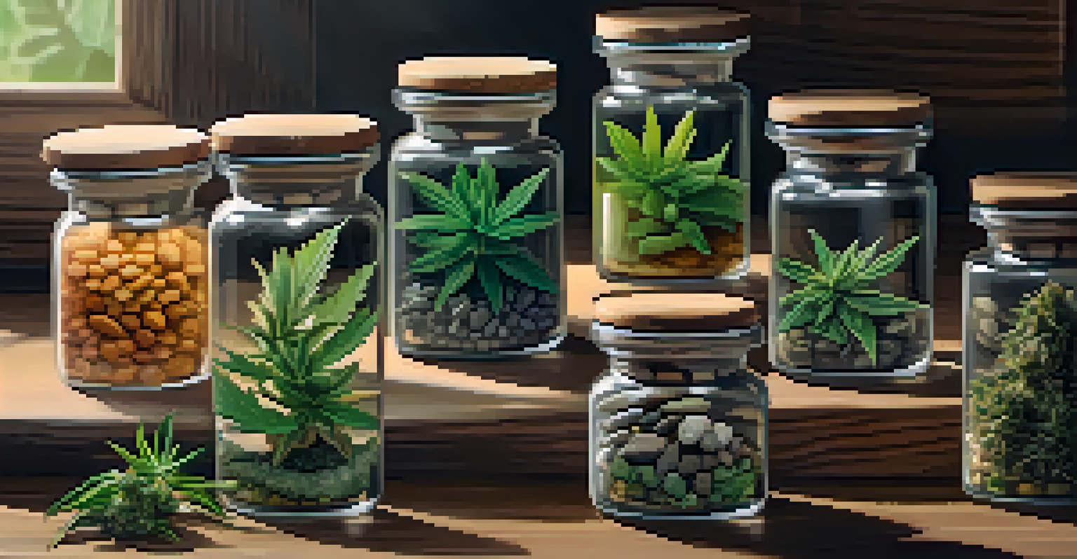 A close-up view of a cannabis product display with glass jars and natural elements on a wooden table.
