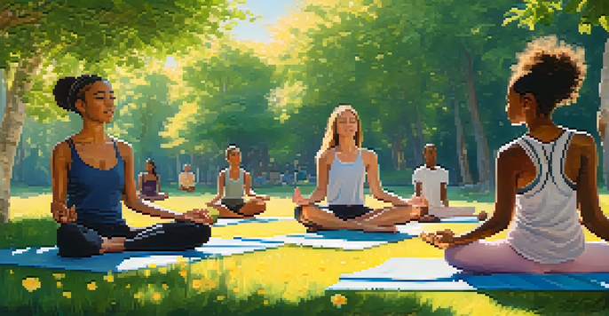 A peaceful park filled with young adults practicing mindfulness and relaxation techniques amidst vibrant greenery and flowers under a clear blue sky.