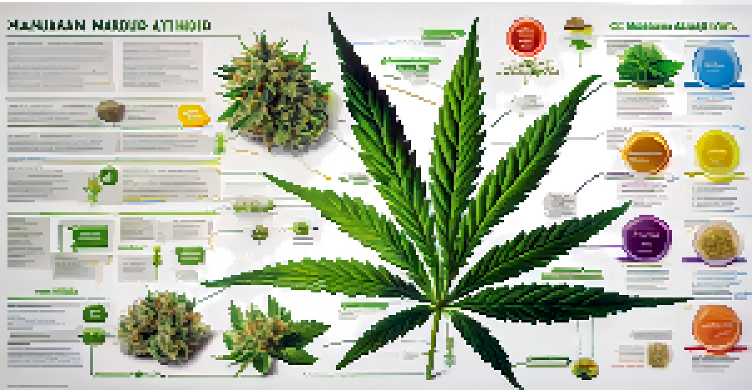 An educational poster illustrating different cannabinoids found in marijuana with colorful graphics and images of the cannabis plant.