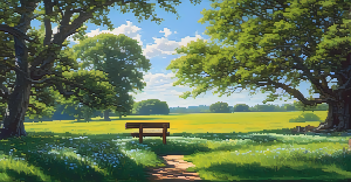 A tranquil outdoor scene featuring a vibrant green field, colorful wildflowers, and a wooden bench under a large oak tree with sunlight filtering through the leaves.