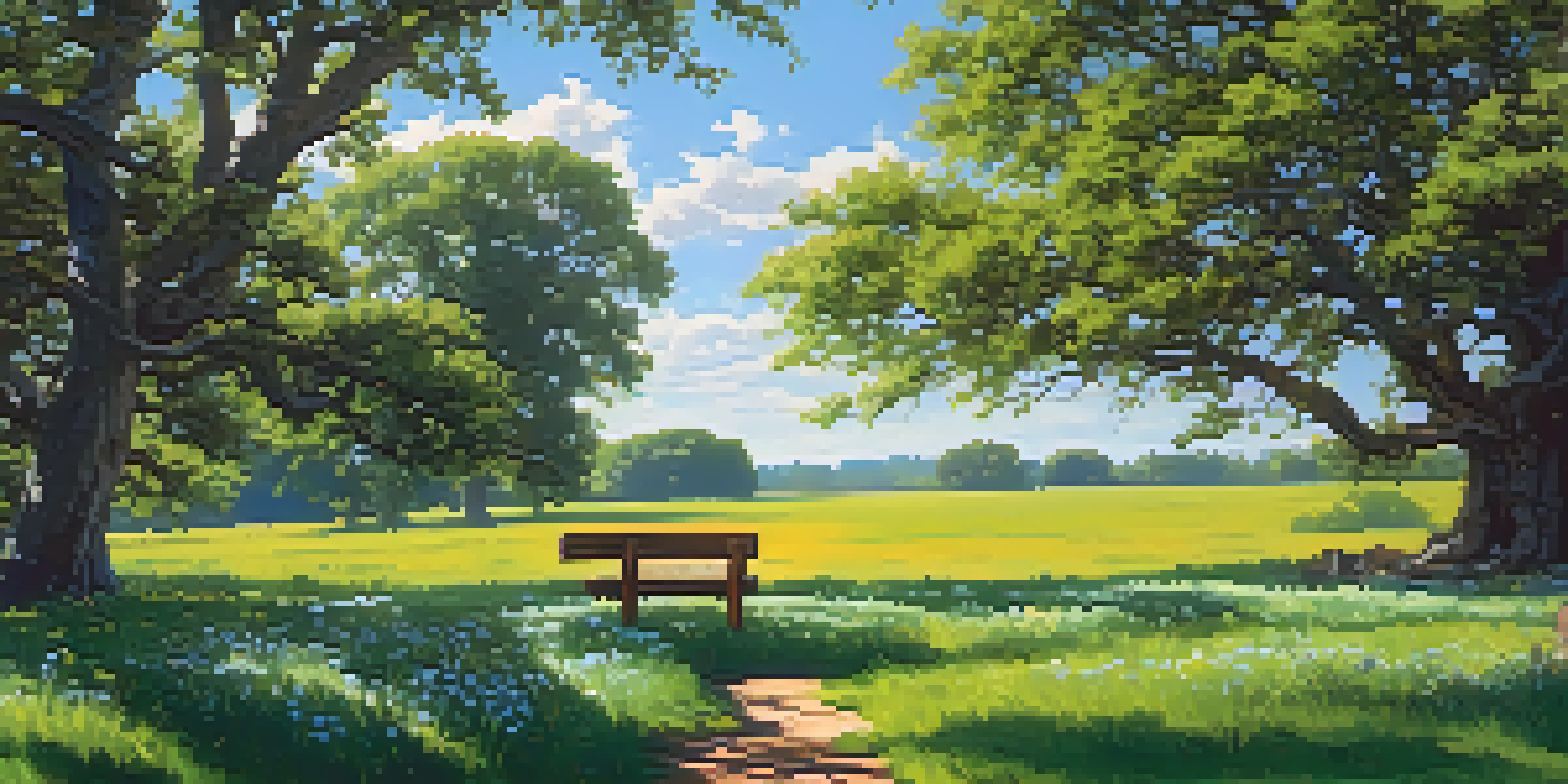 A tranquil outdoor scene featuring a vibrant green field, colorful wildflowers, and a wooden bench under a large oak tree with sunlight filtering through the leaves.