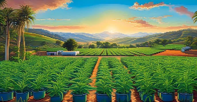 A vibrant cannabis cultivation field with various plant sizes and stages of growth, showcasing sustainable farming practices like drip irrigation and rainwater barrels under a blue sky.