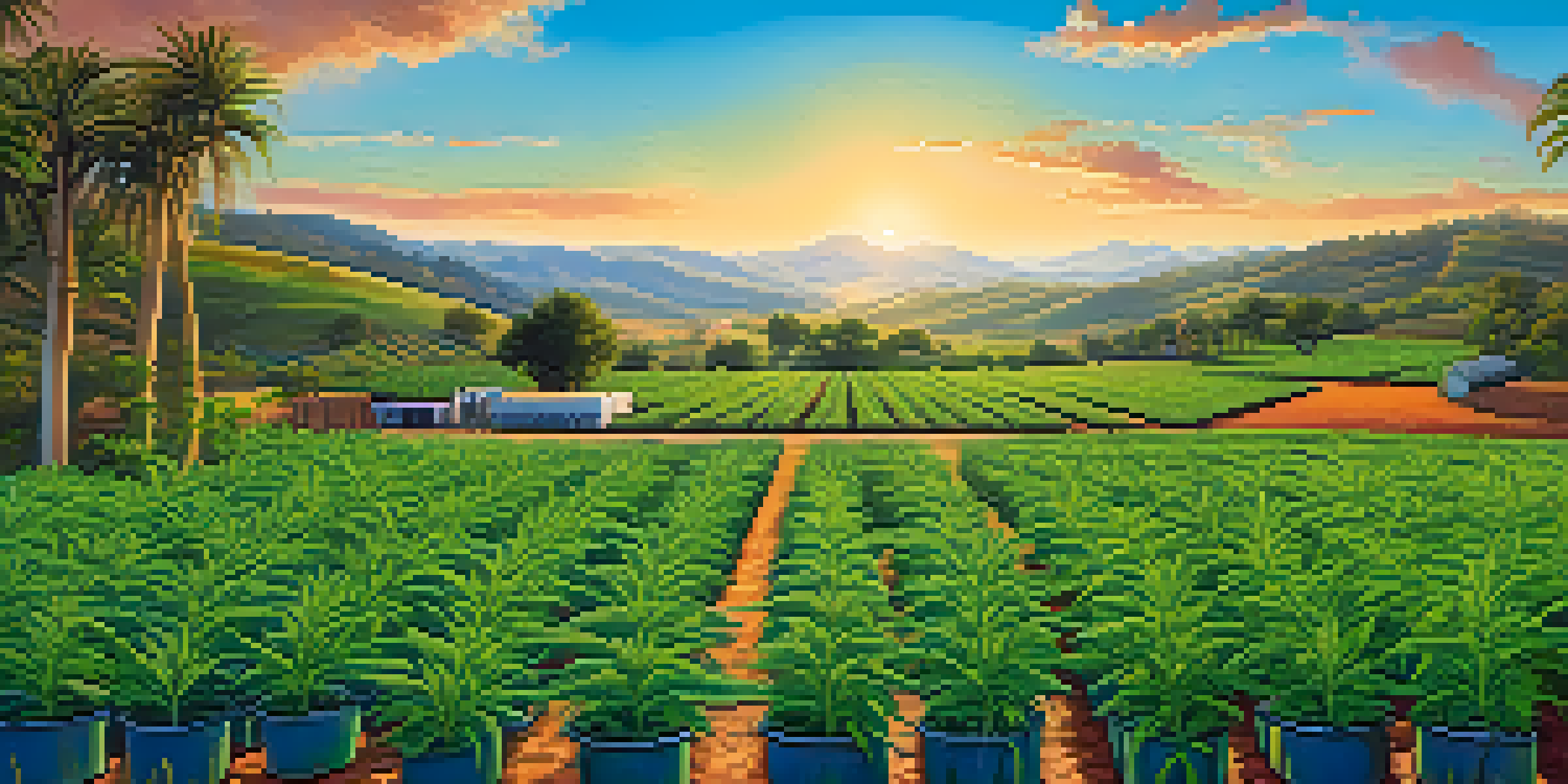 A vibrant cannabis cultivation field with various plant sizes and stages of growth, showcasing sustainable farming practices like drip irrigation and rainwater barrels under a blue sky.