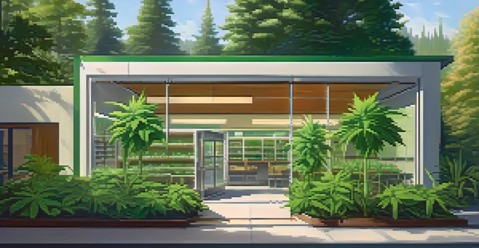 A modern medical marijuana dispensary surrounded by greenery, with patients entering and leaving happily.