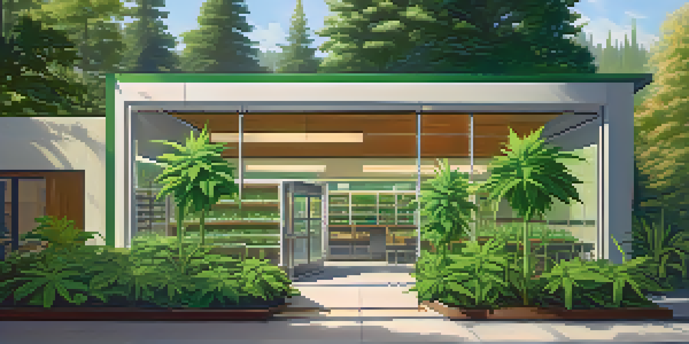 A modern medical marijuana dispensary surrounded by greenery, with patients entering and leaving happily.