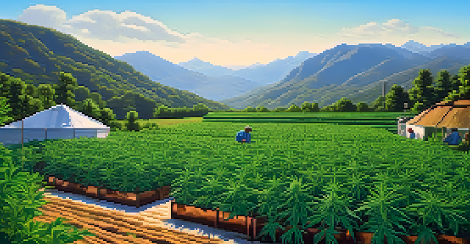 A bright outdoor cannabis farm with farmers tending to lush green plants under a clear blue sky and distant mountains.