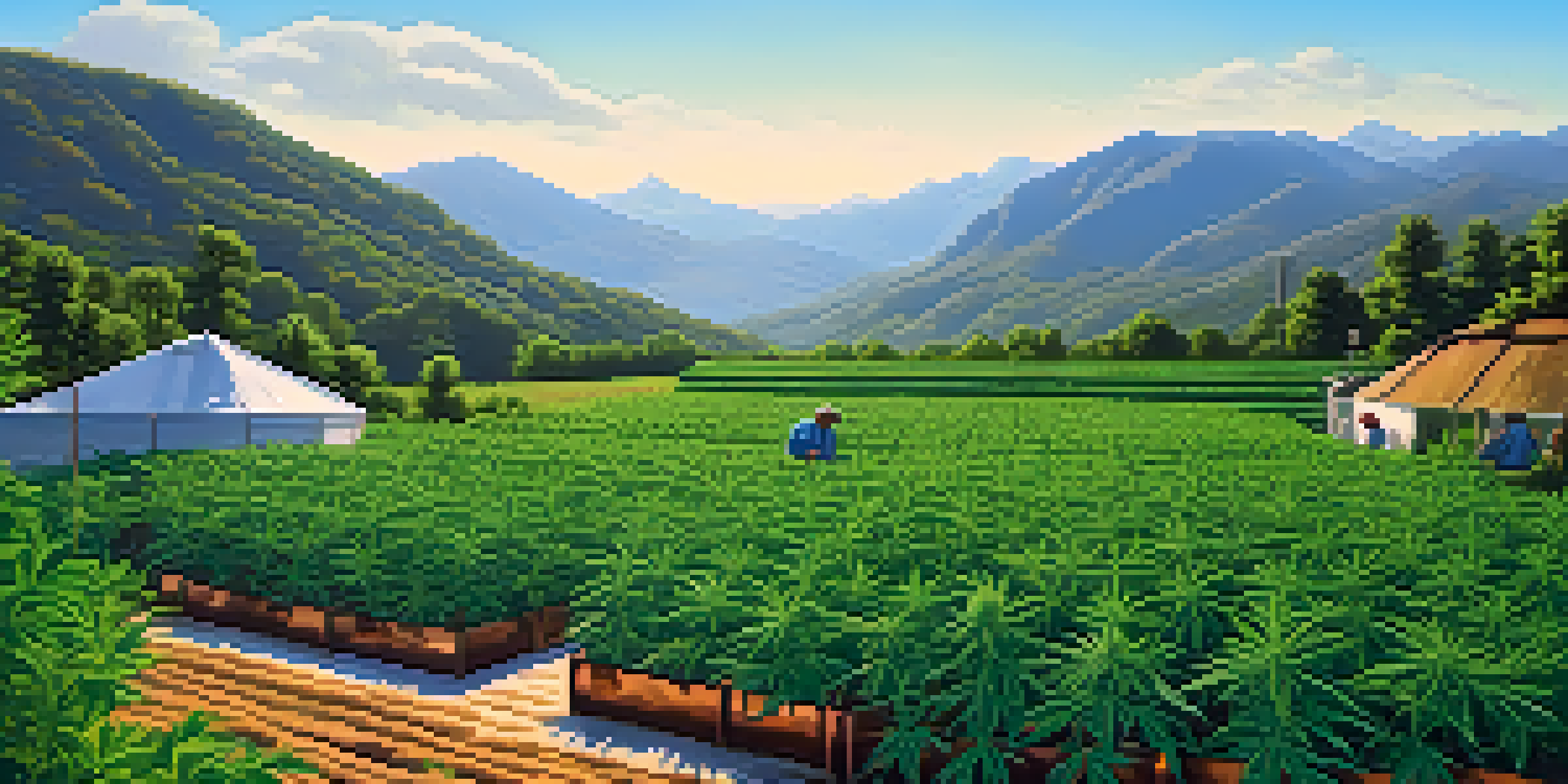 A bright outdoor cannabis farm with farmers tending to lush green plants under a clear blue sky and distant mountains.