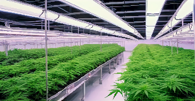 An indoor marijuana cultivation room filled with healthy plants under bright lights, displaying vibrant green leaves and environmental controls.