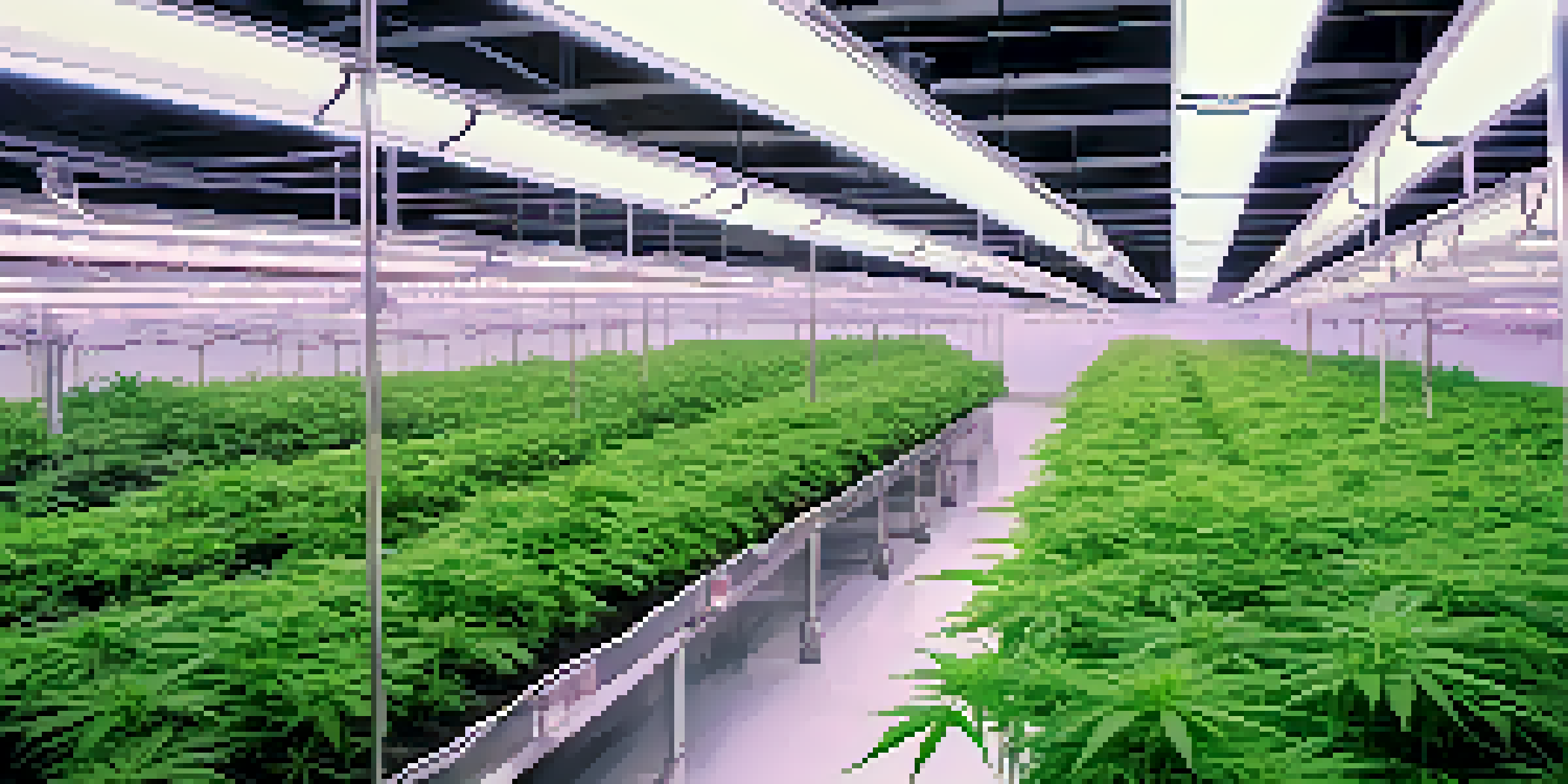 An indoor marijuana cultivation room filled with healthy plants under bright lights, displaying vibrant green leaves and environmental controls.