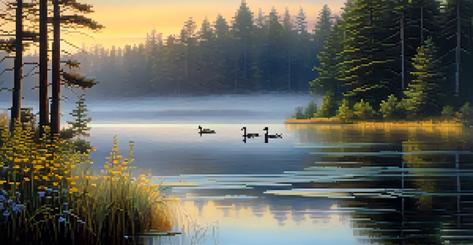 A tranquil lake scene at sunrise with mist, wildflowers, and ducks.