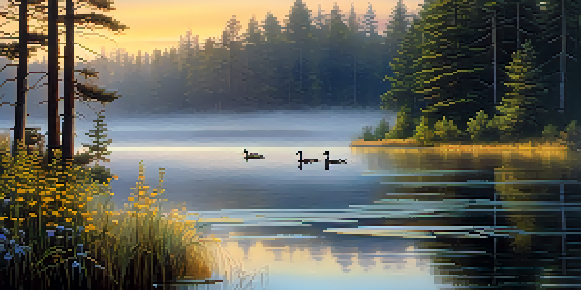 A tranquil lake scene at sunrise with mist, wildflowers, and ducks.