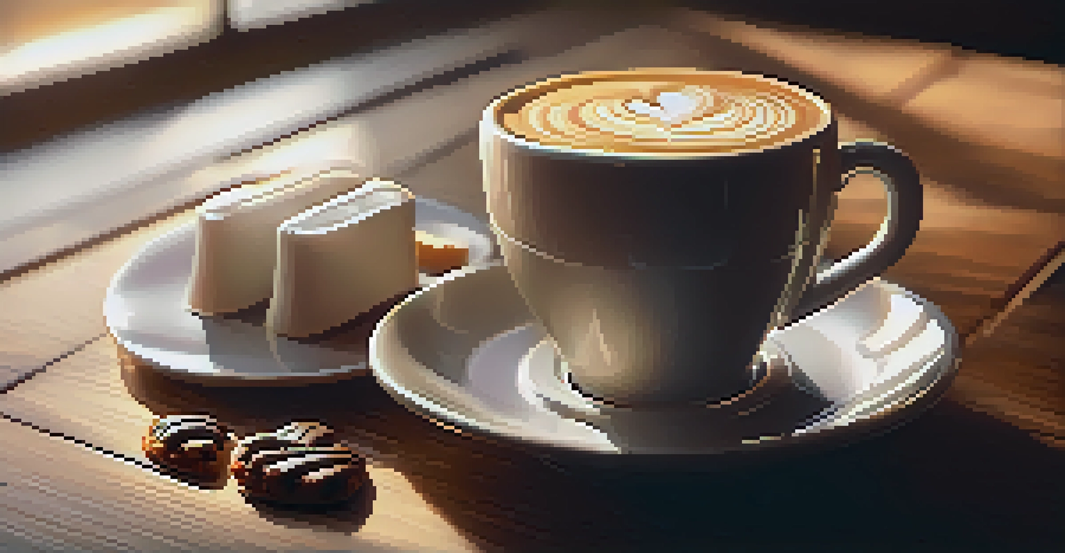 A close-up of a cup of coffee with latte art and a chocolate croissant on a wooden table in a cozy café.