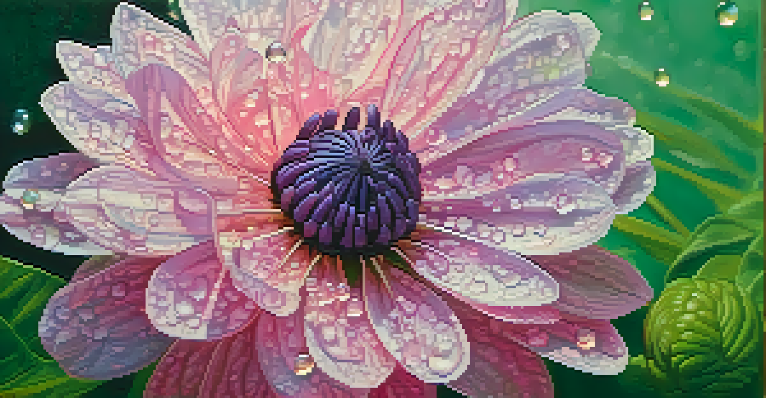 A detailed view of a pink and purple flower with dewdrops, blurred green background.