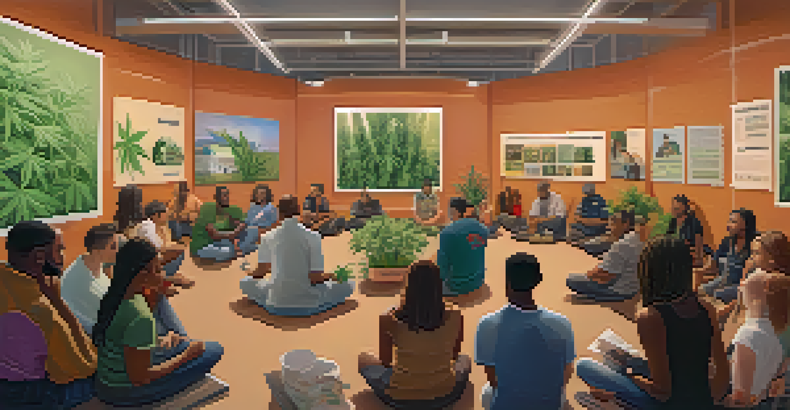 A community meeting in a bright room with individuals from diverse backgrounds discussing marijuana laws in a warm, inclusive atmosphere.
