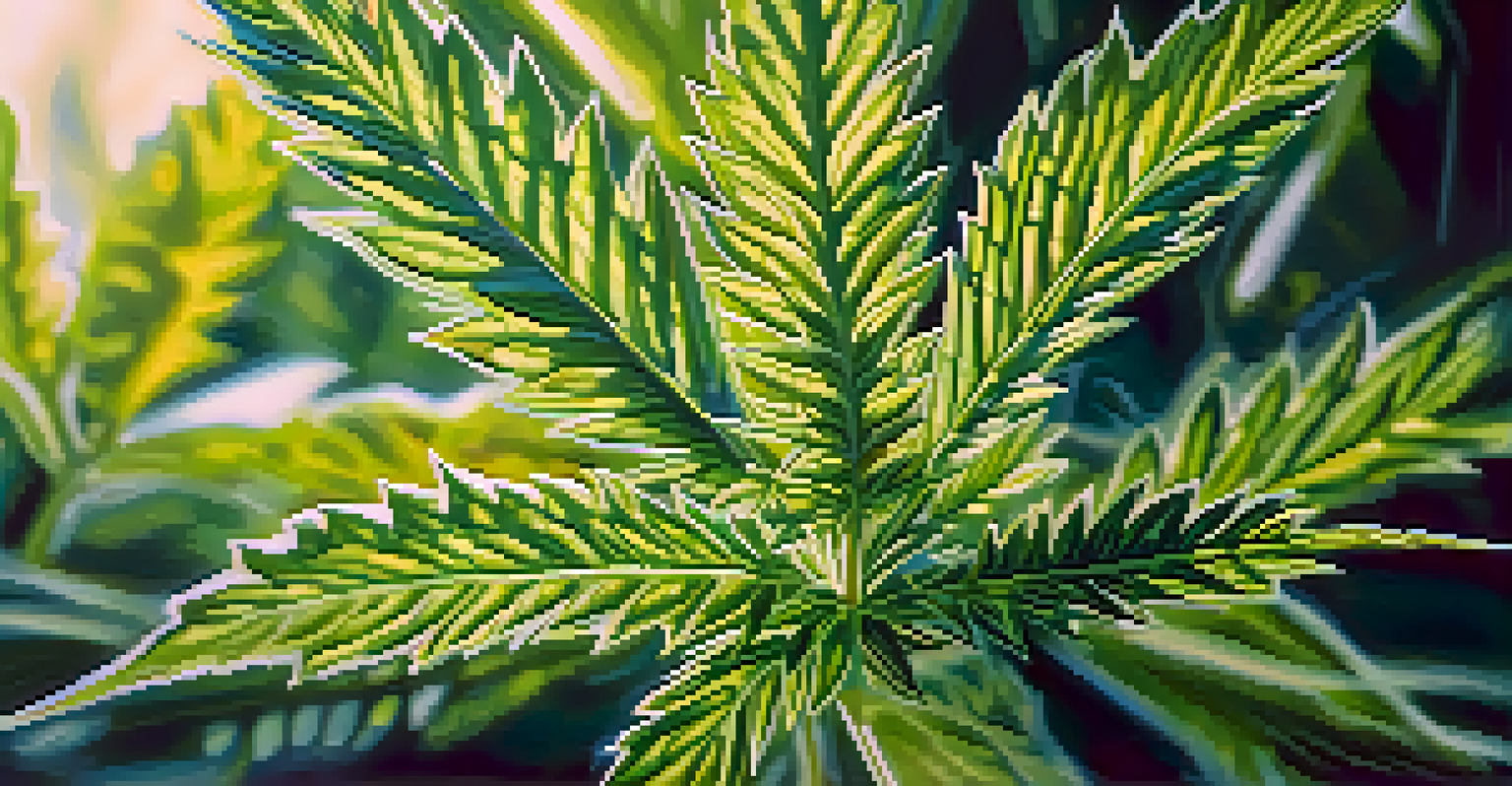 Close-up of a vibrant green cannabis plant with detailed leaves illuminated by soft sunlight.