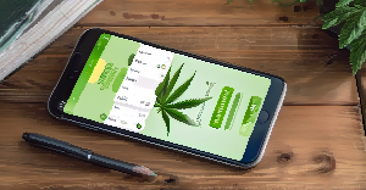 A close-up of a smartphone showing a marijuana tracking app, with cannabis leaves and a notebook in the background.