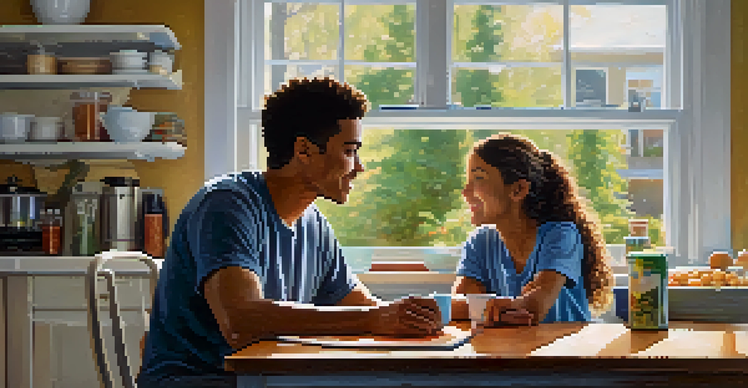 A parent and teenager having a conversation at the kitchen table about substance use, showing trust and understanding.