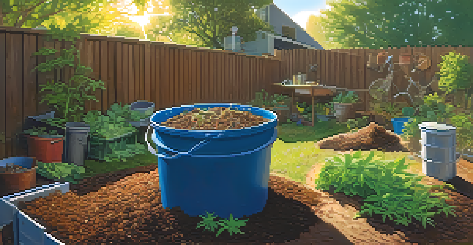 A backyard composting setup with a compost bin and flourishing marijuana plants, showcasing sustainable gardening practices.