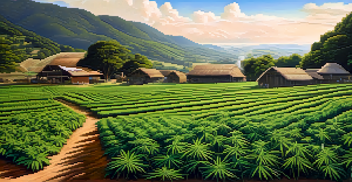 An indigenous community cultivating cannabis in a lush green field, with sunlight filtering through the plants and traditional tools present.